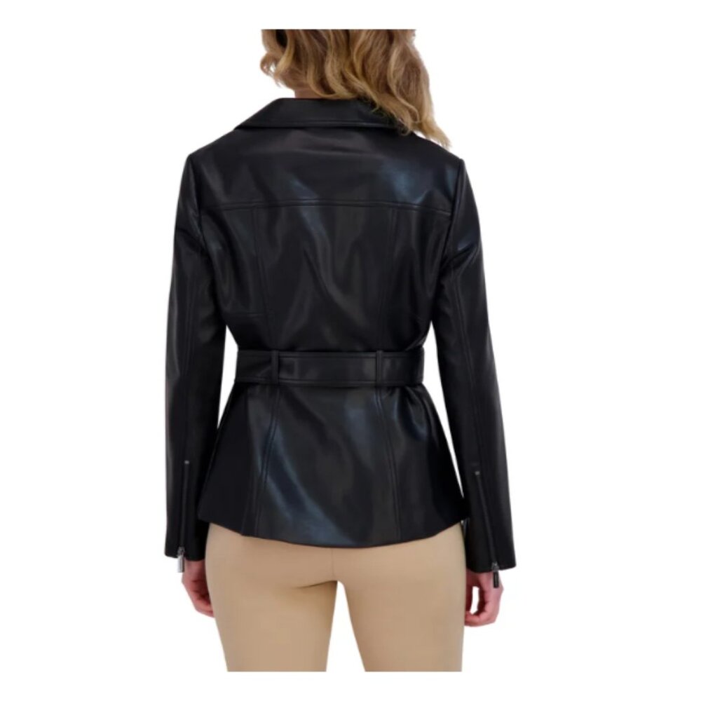 Kenneth Cole Women's Belted Faux Leather Jacket Black - Picture 2 of 4